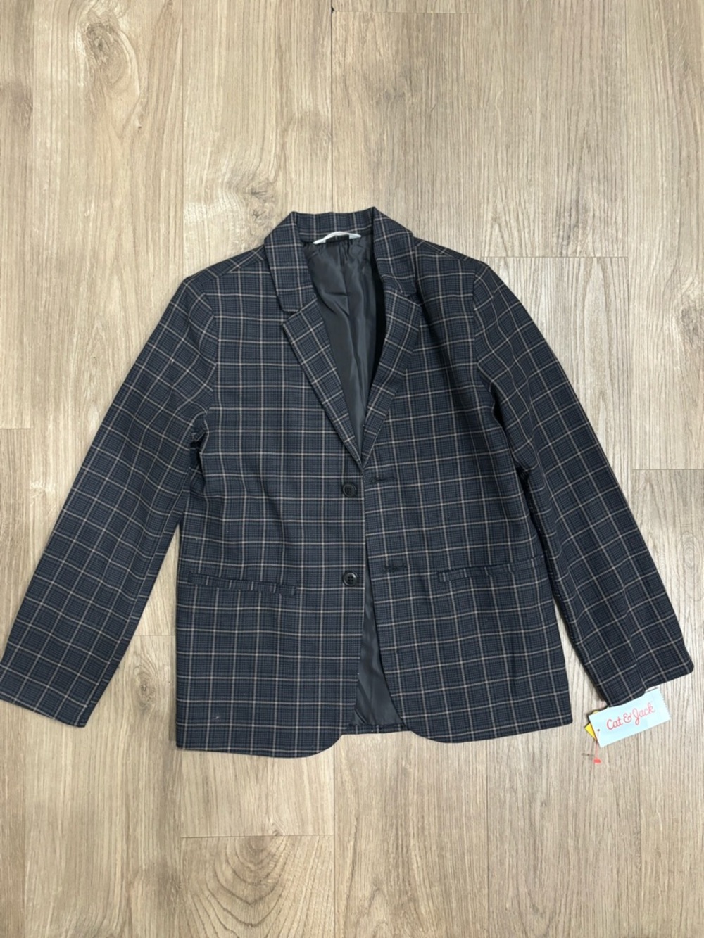 Boys Plaid Two-Button Blazer in Navy and Tan- Size 10